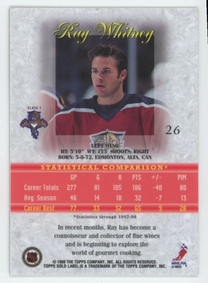 1998-99 TOPPS GOLD LABEL #26 Ray Whitney CLASS 1 RED /100 - Image 2 of 2