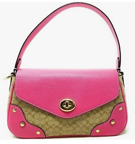 Borsa a tracolla Coach Millie firma tela pelle cachi petunia rosa CE639 nuova con etichette