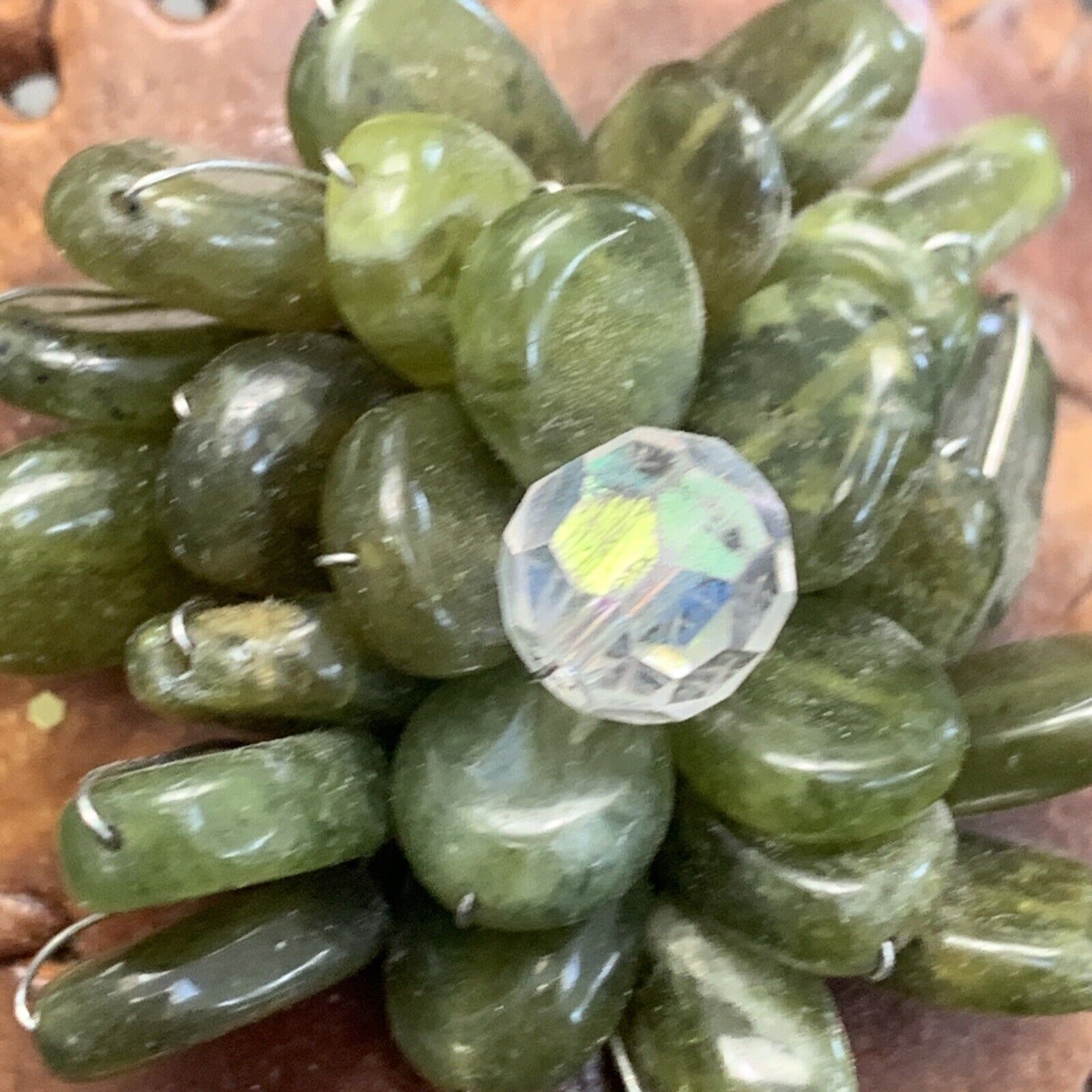 Vintage Unique  Jade  Stone Beaded Flower  Leathe… - image 3