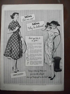 VTG 1950 Orig Magazine Ad Sanforized Shrunk MISS LET-ME-SEE MISS WHY-BE-BOTHERED