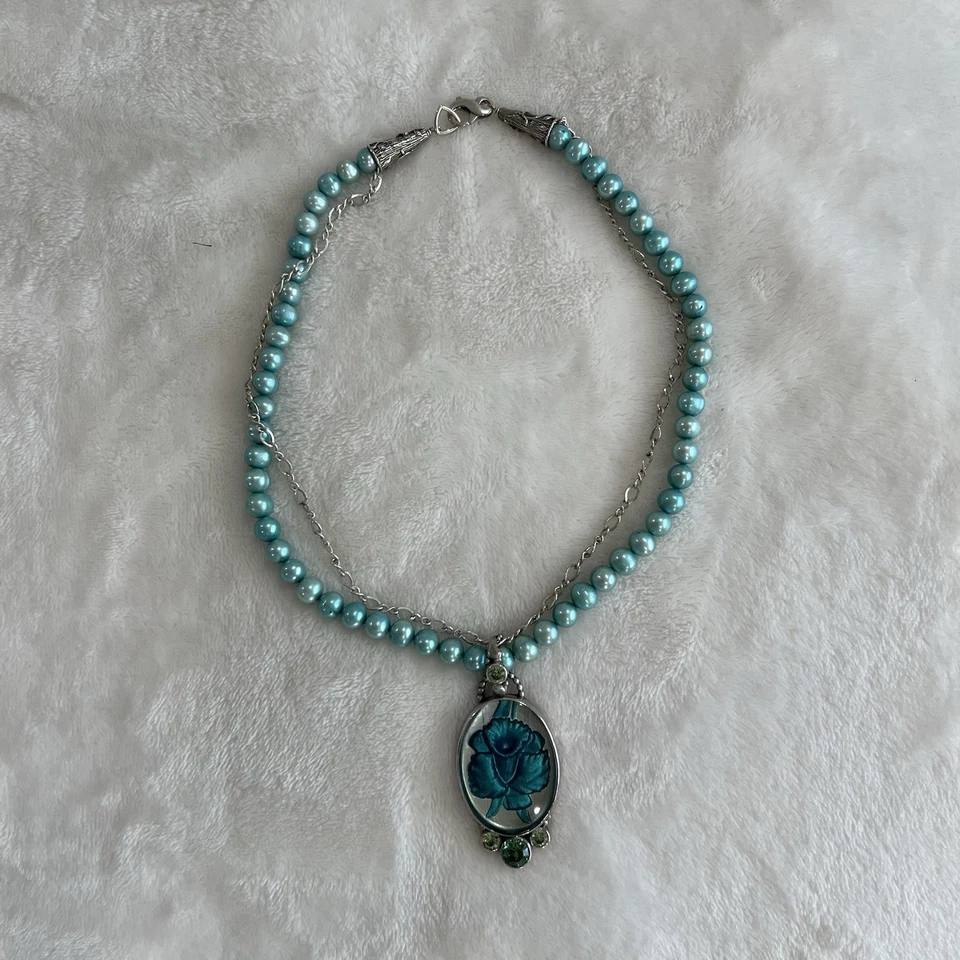 Mars & Valentine Necklace Sterling Silver Blue Green Pearl Pendant 18" NS2113 - Image 4 of 4