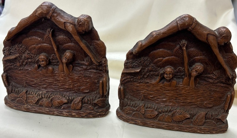 Vintage Pair of Syroco Wood Bookends Kids Swimming Diving Playing In Water, Rare