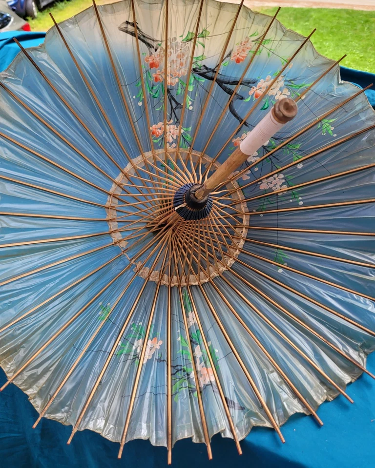 Gorgeous Vintage Japanese Bamboo Paper Parasol Umbrella Collectible Pink Flowers - Image 4 of 4