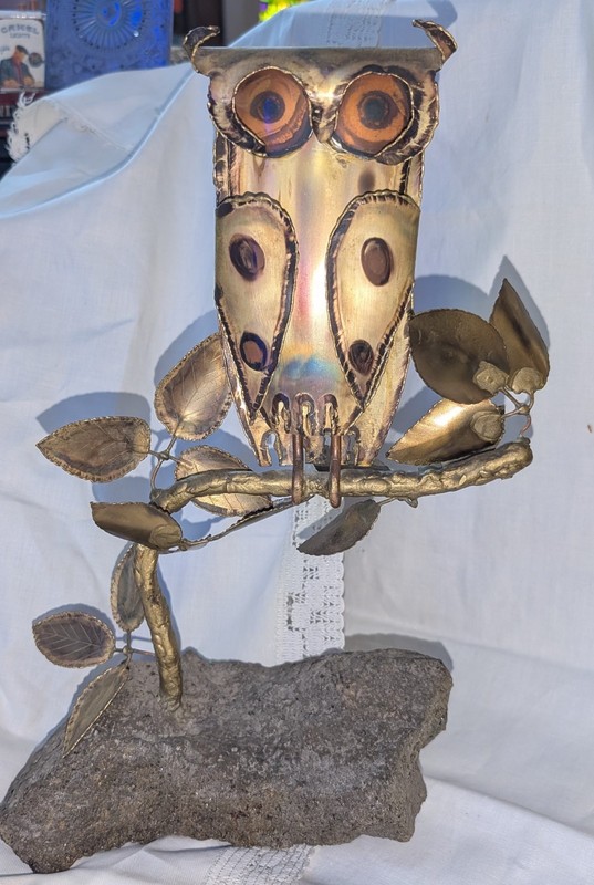 MCM Brutalist Style Copper & Brass Owl On Branch Sculpture W/Lava Rock Base
