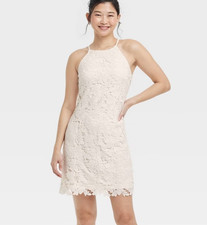 Women's Mini Scalloped Lace Fully Lined Dress - A New Day Cream Size XL