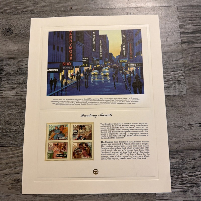 Donald Moss Broadway Musicals Postage Stamp Art USPS Farmable Gift 1993 Damaged
