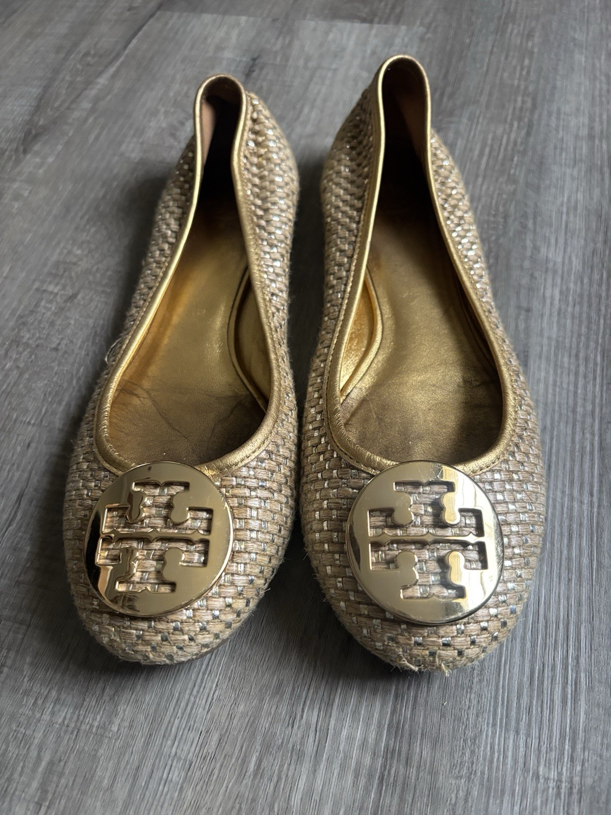 Tory Burch Reva Ballet Flats Woven Metallic Pewter S Logo Medallion Shoes size 8