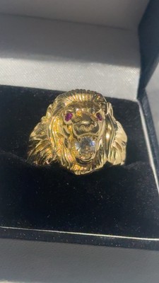 14 kt Gold Ring massiv Löwenkopfring mit Smaragden