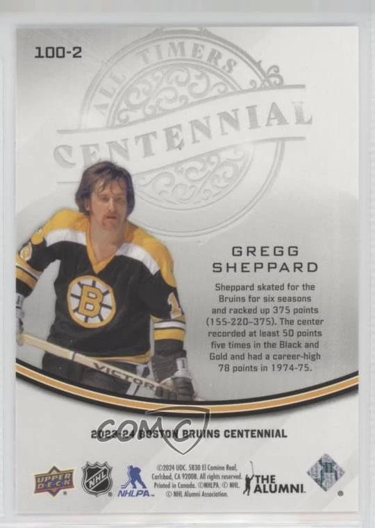 2023 Upper Deck Boston Bruins Centennial All-Timers Gold Gregg Sheppard #100-2 - Image 2 of 2