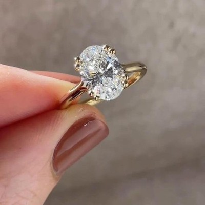 Double Prong Set Cathedral Set Ring 3Ct Oval Lab Grown Diamond 14k Yellow Gold