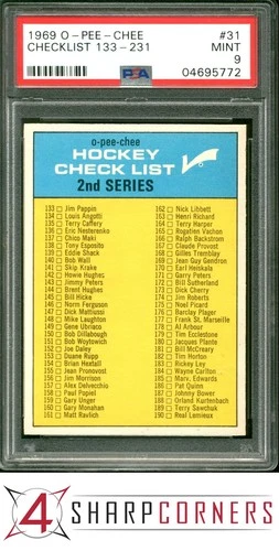 1969 O-PEE-CHEE #31 HOCKEY CHECKLIST 133-231 POP 7 PSA 9 SET BREAK
