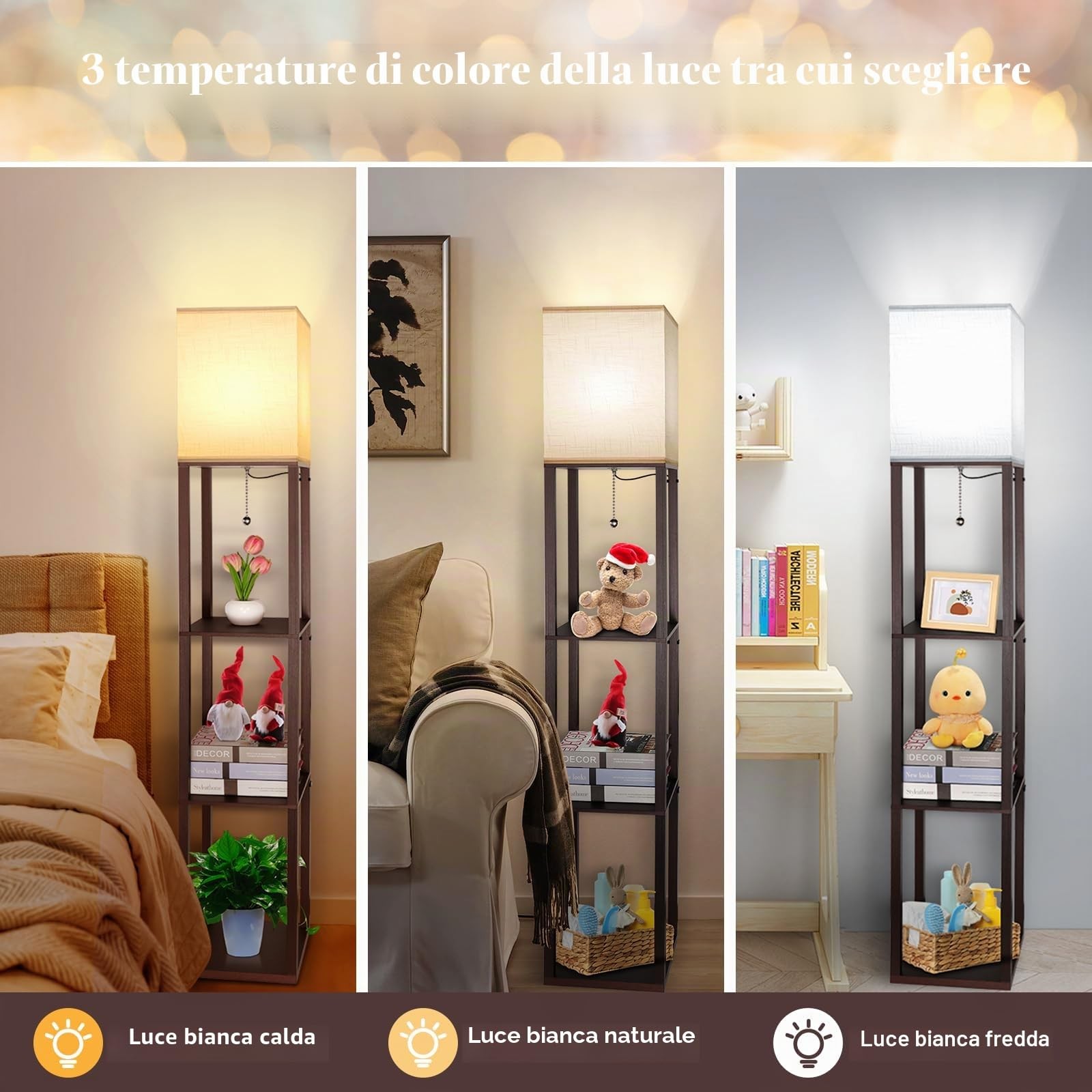 LAMPADA DA TERRA IN LEGNO MARRONE LAMPADA DA PAVIMENTO RETRÒ CON RIPIANO DESIGN foto 2