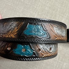 Vintage TOOLED Leather Belt Eagles Blue Floral 36 Inch Western Cowhide Unused