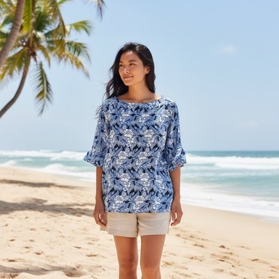Loft Plus Blue White Floral Ruffle Sleeve Blouse Top Size 26 466540