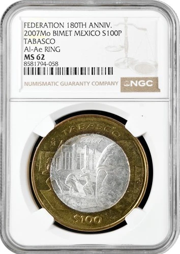Mexico 100 pesos 2007, NGC MS62, "Federation 180th Anniv. - Tabasco"
