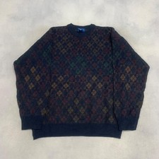 Vintage Knitted Jumper Abstract Argyle Patterned Grandad Knit Sweater Men's Xl
