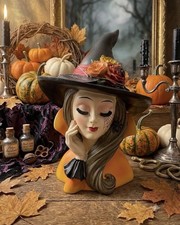 Bella Luxx Halloween Witch Bust Figurine with Black Hat and Floral Accents