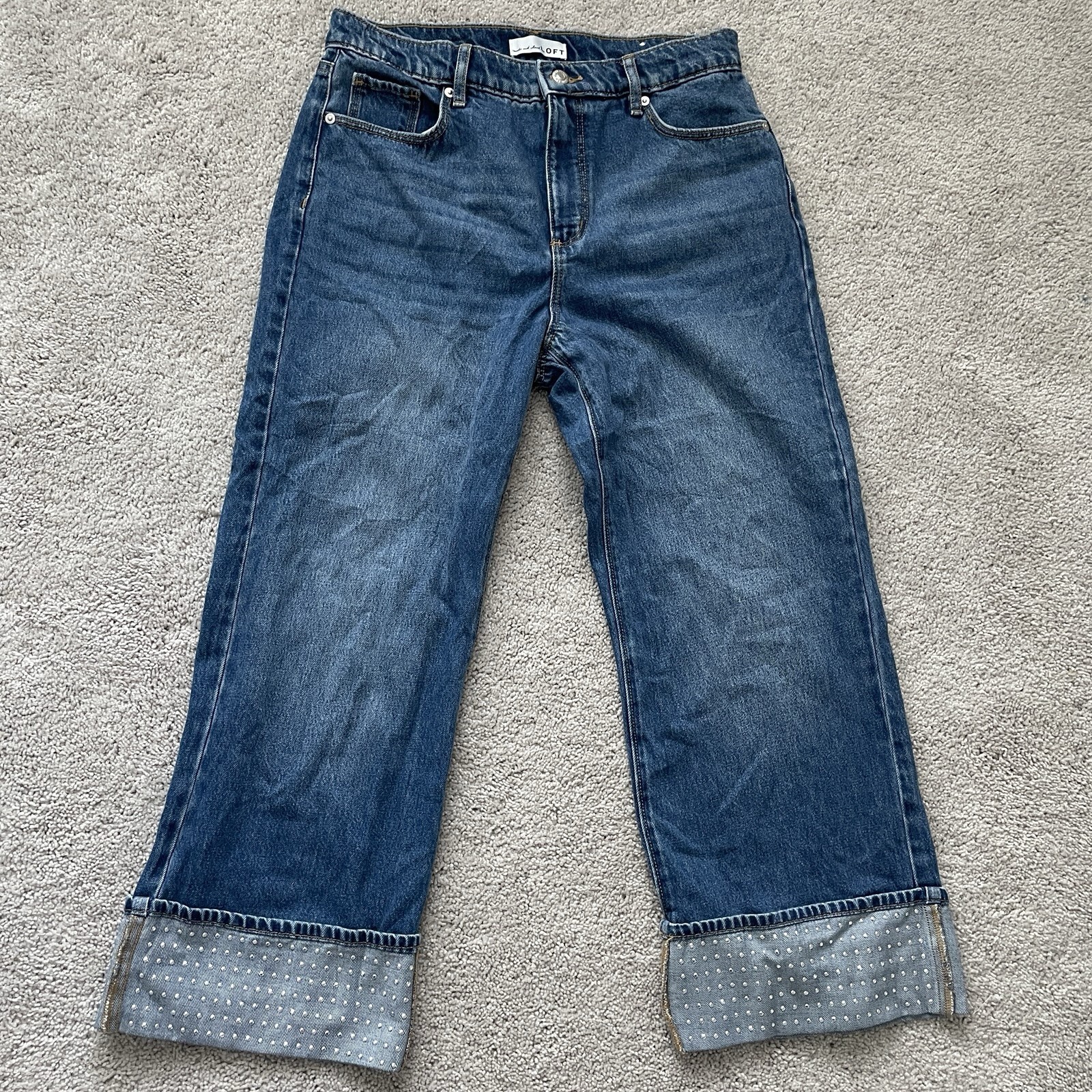 LOFT Wide Leg Embellish Cuffed Wide Leg Crop Blue Mid Wash High-Rise Jeans 6/28