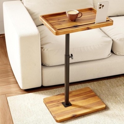 Acacia Wood Adjustable C-Shaped Couch Table   360° Swivel Side Table for Sofa...
