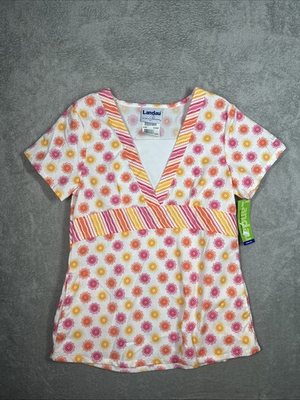 #ad Landau Scrub Women’s Sun V Neck Print Pockets Scrub Top Size Small NWT $5.97