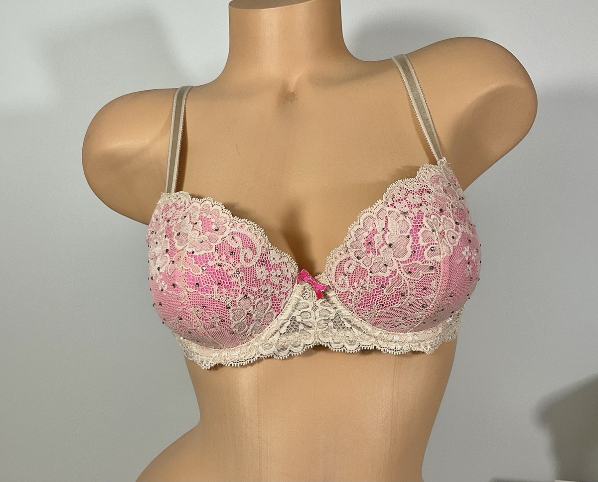 Victoria Secret Dream Angels Lined Demi Bra  Pink /Lace Overlay Rhinestones 34C
