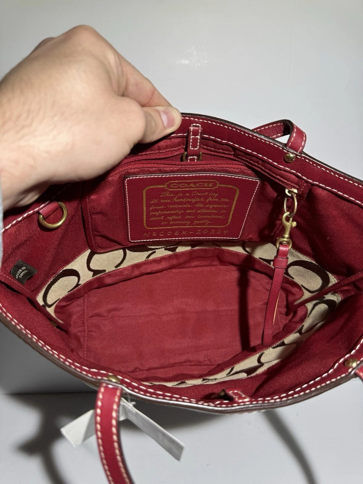 Borsa Coach Signature a righe kaki e cremisi tela pelle tote bag vintage nuova con etichetta