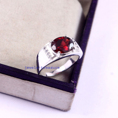 Natural Garnet & CZ Gemstones with 925 Sterling silver Ring for Men's #J231