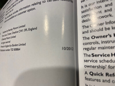 2013 Bentley Continental Coupe GT V8 Speed Owners Manual QUICK REF