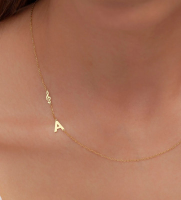 Music Note With Customized Your Name Letter In 14K Yellow Gold Women's Necklace