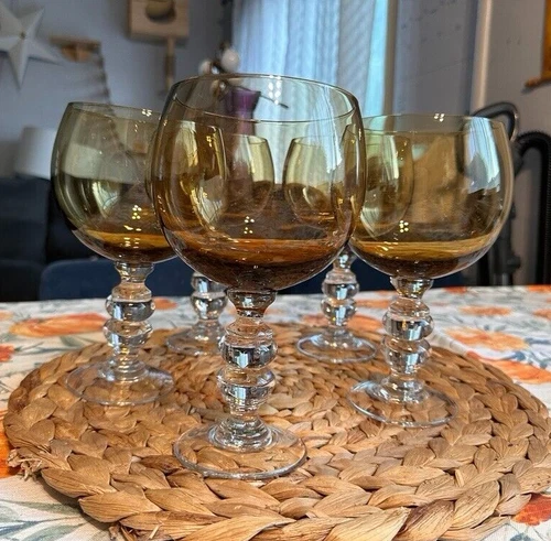 VINTAGE Amber Glass Beer  WINE Goblet Double Round Stem Large 7 3/4" Set of 5