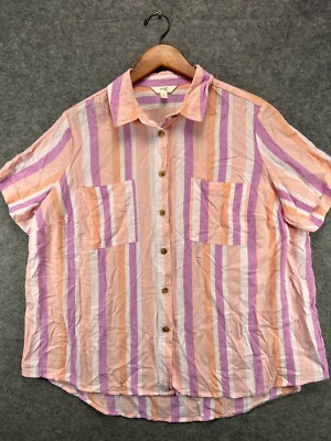 Terra & Sky Women 14W Pink Top Stripe Button Up Short Sleeve Shirt Linen Blend