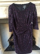New Adrianna Papell Asymmetrical Gather Illusion Sleeve Lace Dress Sz 10 Wine