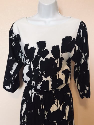 White House Black Market White Black Floral 3/4 Sleeve Blouson Dress Size XS - Picture 3 of 6