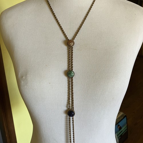 Vintage Gold TONE Double Chain Link Necklace And Tassel Pendant Bolo Stone - Picture 5 of 6
