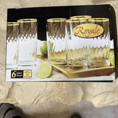 SET OF 6 ROYALE HIGH BALL GLASSES, HAND DECORATED WITH 24 KARAT GOLD TRIM BOXED