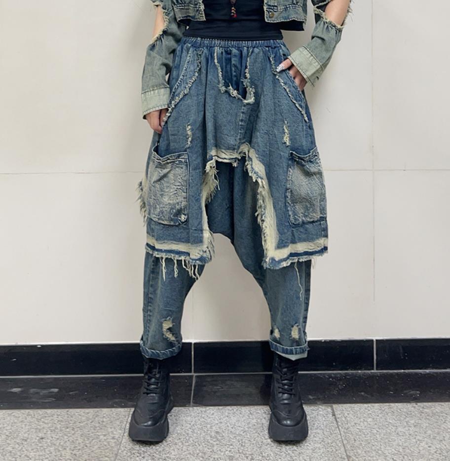 Pantalones de mezclilla para mujer azules punk hip hop borlas bolsillos pantalones jogger nuevos