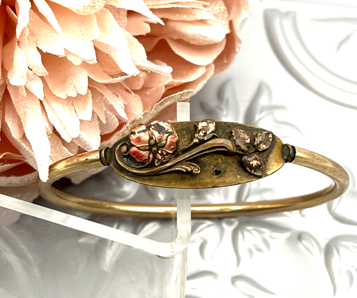 Antique Noveau Victorian Rose Gold Filled Enamel Poppy Bangle