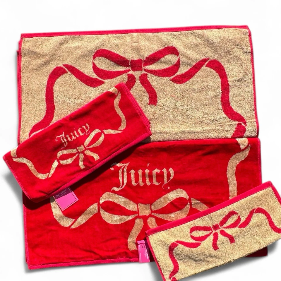 Juicy Couture Red & Gold 28” X 54” Bath & Hand Towel Reversible Bow Frame 4Pc - Image 2 of 4