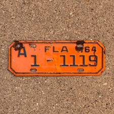 1964 Florida Motorcycle License Plate 1 1119 YOM DMV Clear Harley BSA Triumph