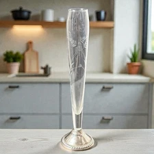 Vintage Floral Etched Glass Bud Vase Sterling Silver Weighted Foot 9" Tall