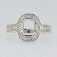 925 Sterling Silver 9x7mm Cushion Semi Mount Women Ring Contour Pavé Halo Ring