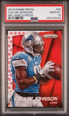 2014 Panini Prizm Calvin Johnson NFL Shield Prizm /75 #65 GEM MT PSA 10 Pop 4