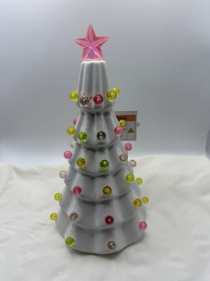 FESTIVE VOICE White Pastel Light Up Ceramic Christmas Tree 9.5'' H Pink Star READ