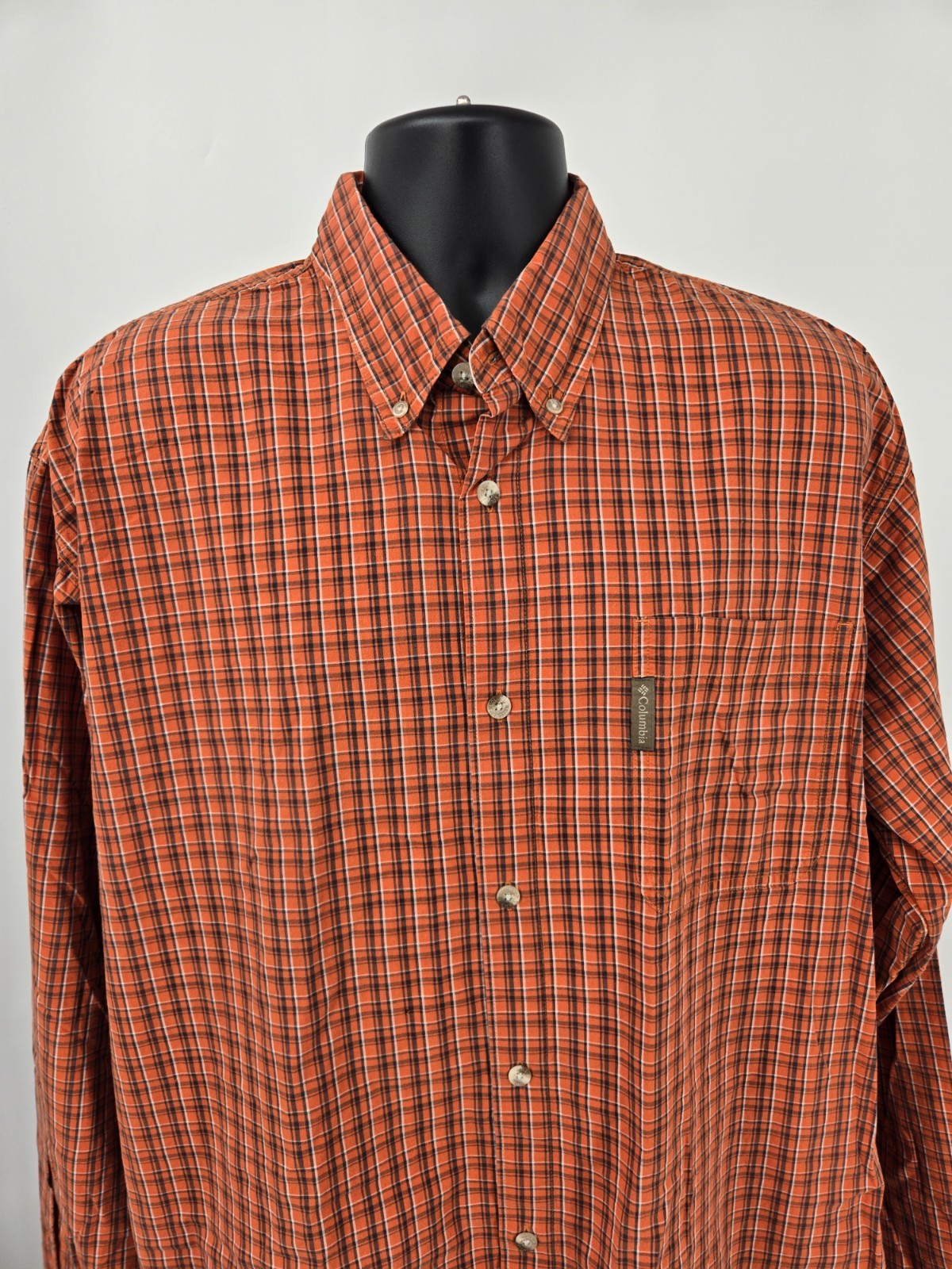 Columbia Shirt XLT TALL Orange Plaid Outdoor Pocket Long Sleeve Casual Men *