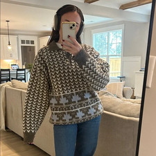 Vintage Hand Knit Nordic Fair Isle Wool Sweater Womens XL Chunky Pullover Collar