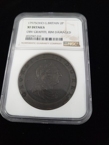 1797 SOHO Great Britain George III 2P - NGC XF Details Graffiti, Rim Damage - Picture 3 of 10