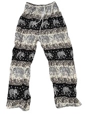 THAI ELEPHANT HAREM PANTS WOMENS M BLACK WHITE ELASTIC WAIST POCKET VISCOSE BOHO