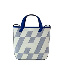 Hermes H Ambier 27 PM Tote Shoulder Bag Toile Canvas Swift Leather Blue White 99