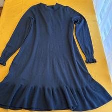 LOFT Navy Blue Wool Blend Tie Neck Sweater Dress  Ruffle Hem Women’s S