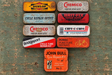 9 Vintage Bicycle Tyre Repair Kit Tins Brit-Fix John Bull Bridgeport Dunlop Bike